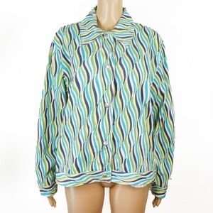 Vintage Escada Sport Blue Green White Stripe Abstract Stripes Snap Button Jacket